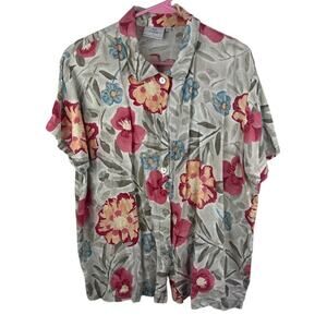 Hot Cotton Linen gray floral print short sleeve button up top size large